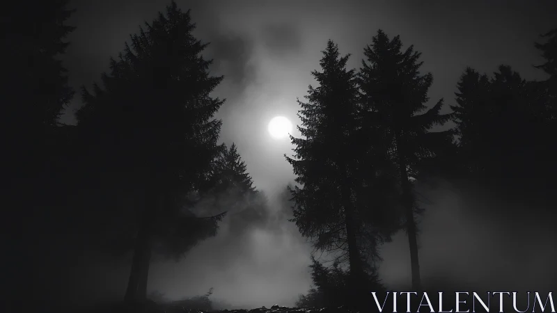 Monochrome conifer silhouettes in nocturnal mist study.