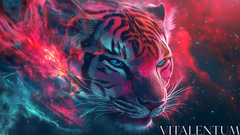 Cosmic neon tiger emerges through vibrant galactic nebula