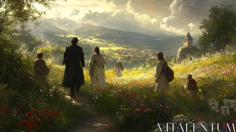 Pilgrims crossing a sunlit wildflower valley toward hope.