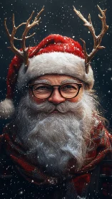 Cozy reindeer Santa with glasses in softly swirling snow.
