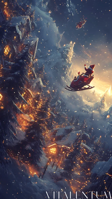 Twinkling winter village glows as Santa soars through snowy night