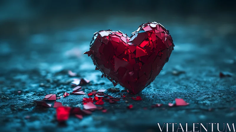 Fragmented Red Crystalline Heart Form on Textured Blue Surface