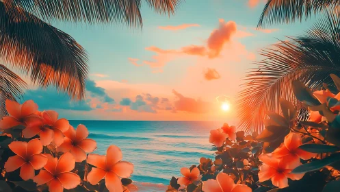 Tropical sunset seascape framed by palms and orange flora.