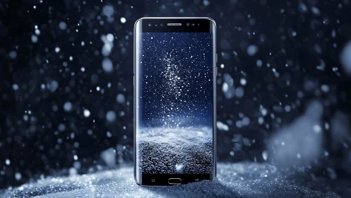 Smartphone standing upright in stylized digital snowfall scene.