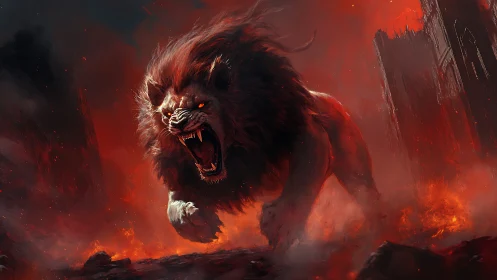 Fierce fiery lion charging through a storm of blazing embers.