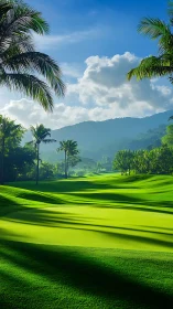 Tropical golf course fairway under morning light and clouds.