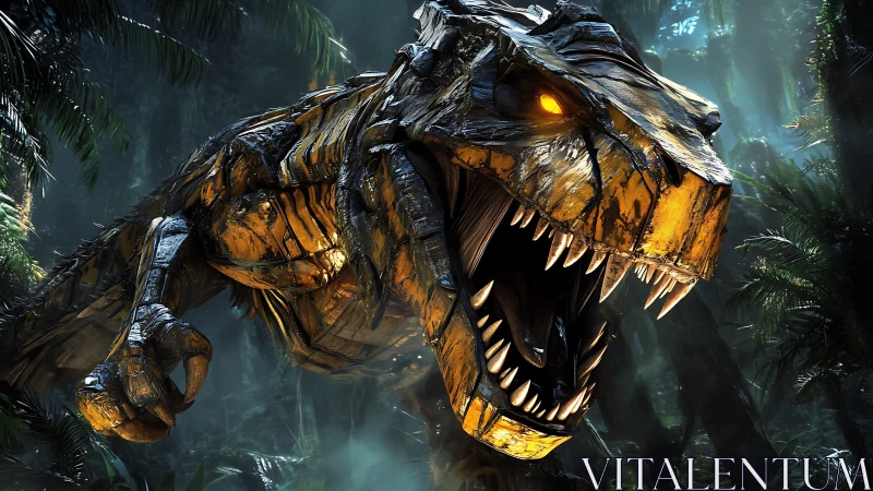 Mechanical tyrannosaurus lunges forward through dense jungle