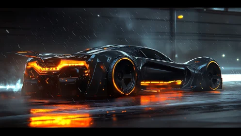 Futuristic hypercar glows with neon in a cinematic rainstorm.