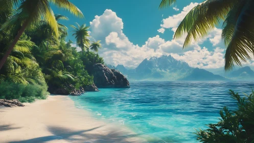 Tropical Paradise Beach with Palm Trees and Mountain Vista