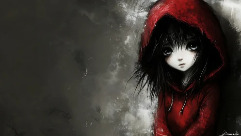Digital painting of melancholy girl in red hooded cloak, vignetted.