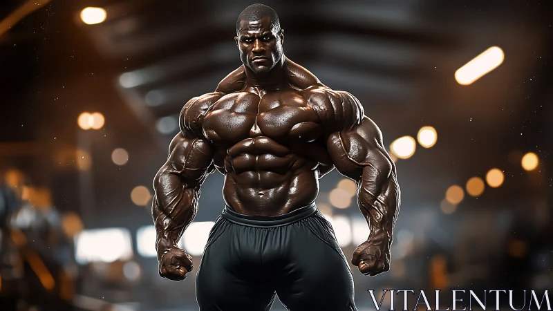Titan of steel sinew posing under molten gym lights.