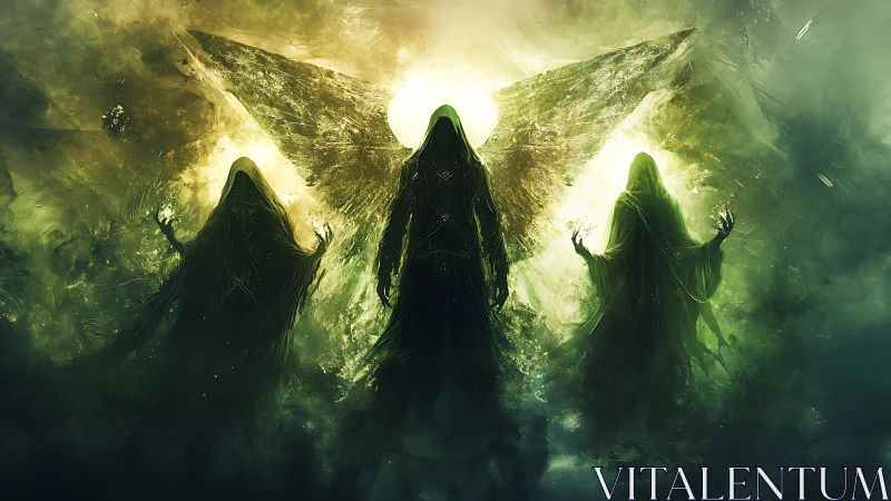 Hooded spectral trio stand before radiant fractured wings