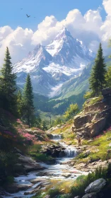 Digital painting of alpine stream, wildflowers, and snow peak.