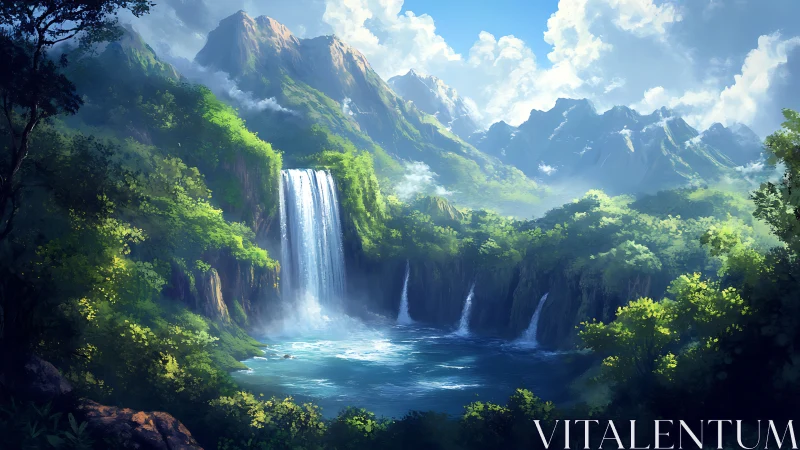 Digital landscape shows multi-tier waterfalls in lush valley
