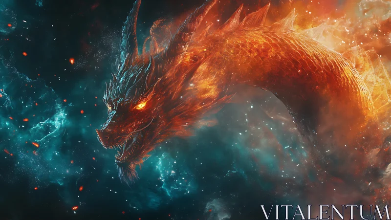 Blazing cosmic dragon coils through glowing nebula skies