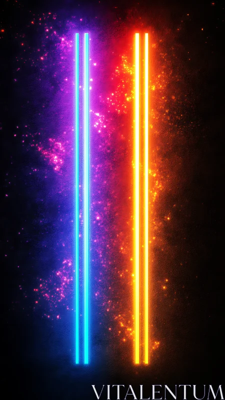 Dual vertical neon light bars with glowing particle clouds.