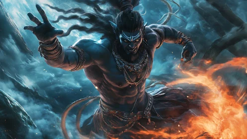 Mythic blue warrior wielding elemental fire in storm vortex