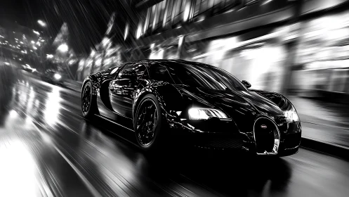 Black supercar racing through wet city street at night.