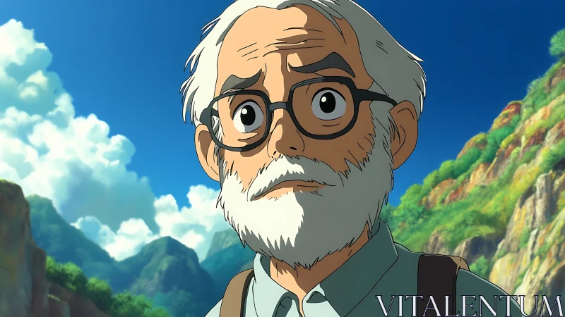 Gentle traveler with wise eyes under a bright summer sky.