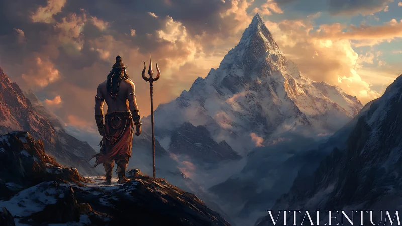 Warrior deity overlooking sunlit mythic mountain peak.