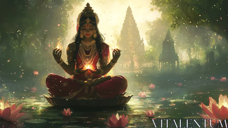 Goddess in red sari meditating on lotus over glowing water.
