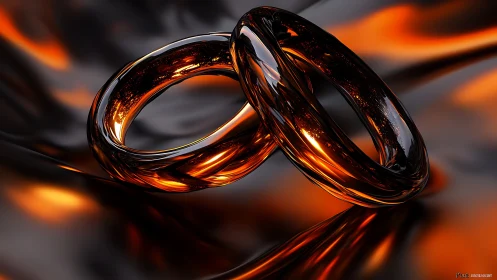Interlocking Glass Rings with Luminous Amber Glow.