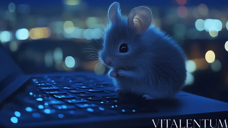 Tiny gray mouse on laptop keyboard at night city lights.