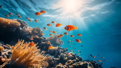 Clownfish school glides through sunlit tropical coral reef.