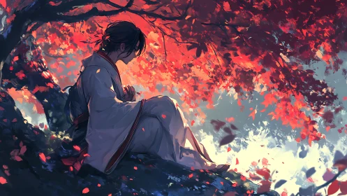Gentle autumn daydream beneath a canopy of crimson leaves.