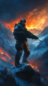 Armored sentinel stands over fire-split frozen mountainscape.