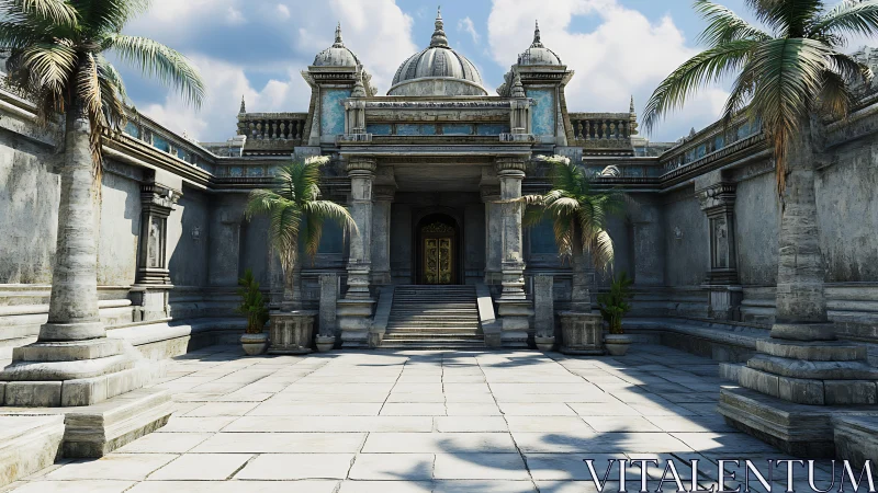 Symmetrical stone courtyard with domed classical temple building.