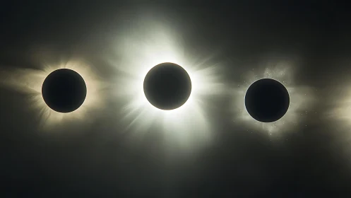 Triple solar eclipse sequence with radiant coronal halos.