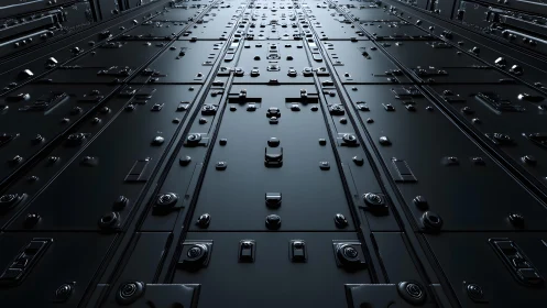 Futuristic metallic wall with geometric panels and sci-fi details.