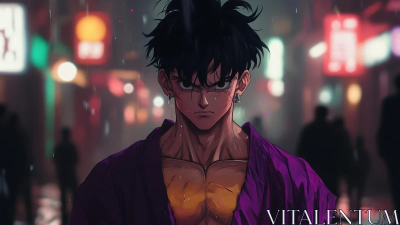 Male anime figure stands in neon-lit urban street at night