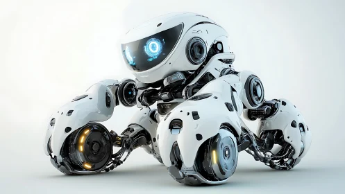 Curious quad-legged robot friend in glossy white armor.