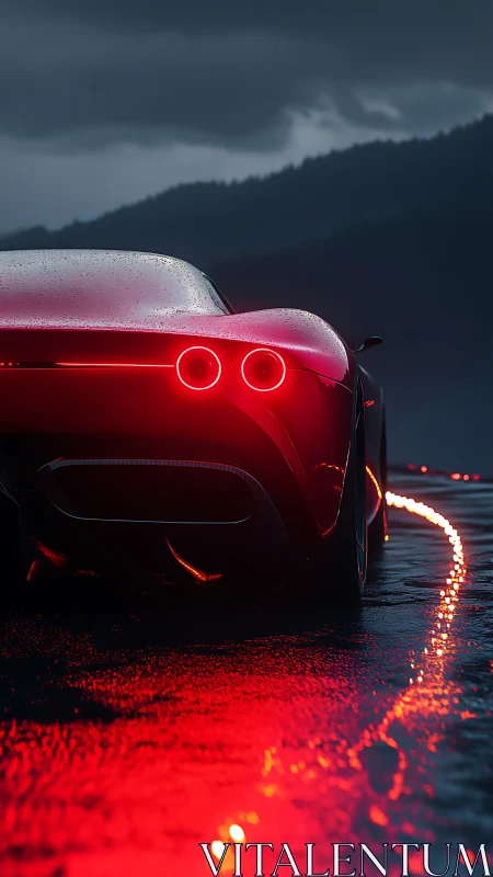 Red sports car taillights illuminate wet road at dusk