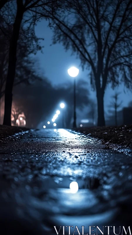 Low-angle wet pavement at night under defocused park lampposts