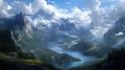 Snow-capped mountain range rises above lake-filled valley