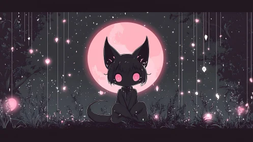 Moonlit cat spirit resting beneath a softly glowing sky.