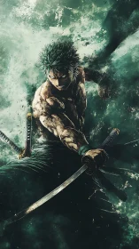 Storm-forged swordsman lunges through swirling emerald chaos.