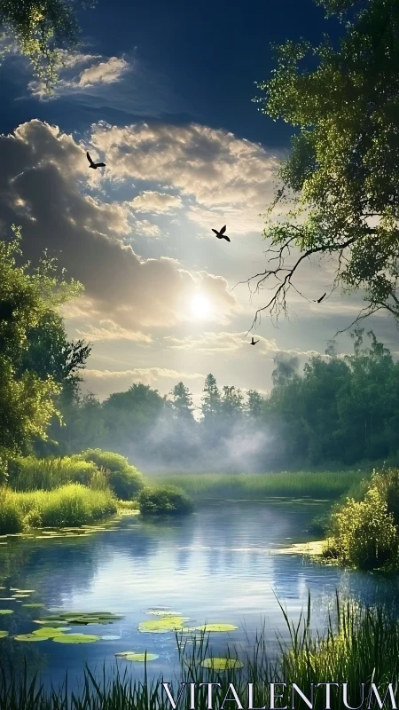 Sunlit forest pond reflects clouds and distant birds in sky
