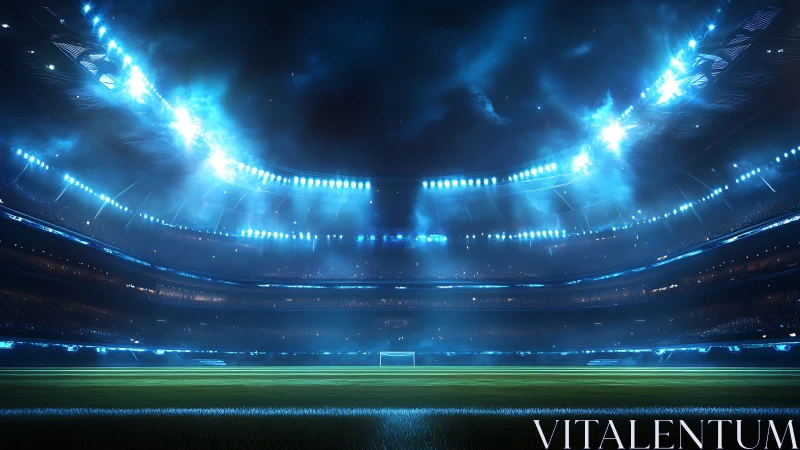 Illuminated football stadium interior under night floodlights.