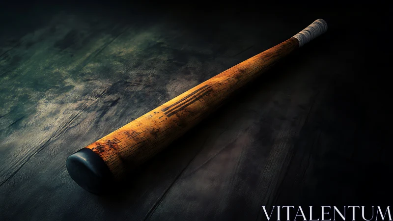 Wooden baseball bat on textured dark surface in light.