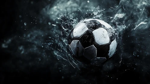 Explosive soccer ball impact in dark liquid environment.