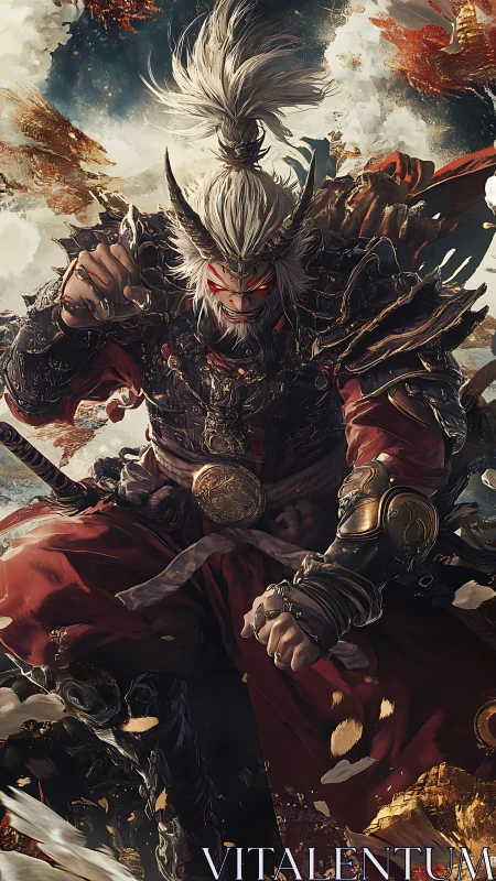 Demonic warlord leaps through burning skies in fierce charge