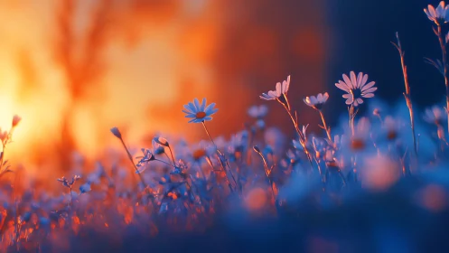 Wildflowers at Dawn: Soft Blue and Orange Light.