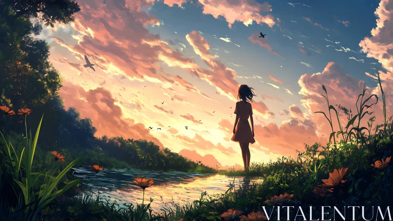 Silhouette of a girl stands by a stream under a clouded sky