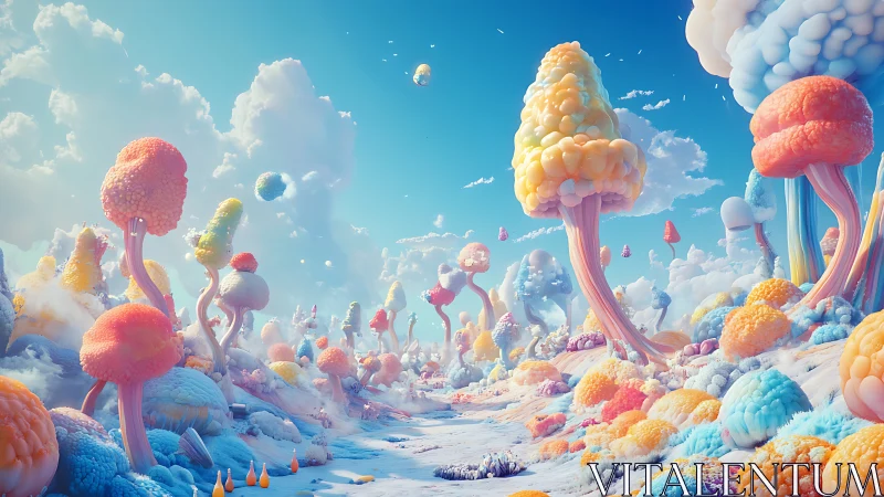 Surreal pastel landscape with bulbous tree-like formations.