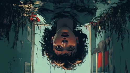 Inverted digital portrait captures suspended, cinematic dread