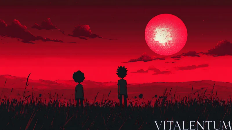 Two figures stand in a field under a large red moon